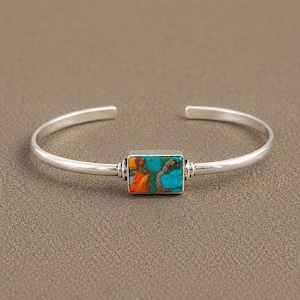Handmade Sterling Silver Cuff Bangle: Spiny Oyster Turquoise Rectangle Gemstone (Boho Style)