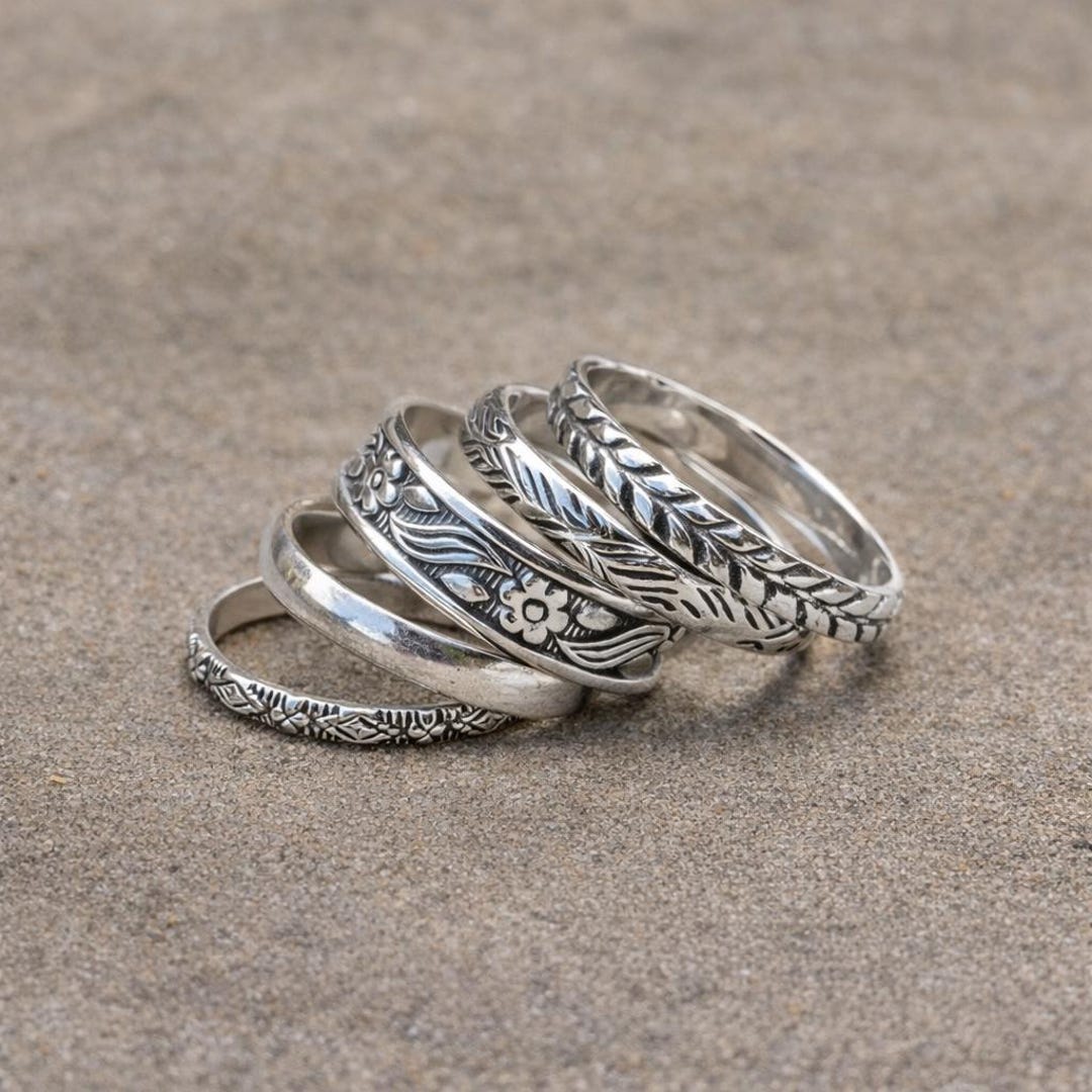 Sterling Silver Stacking Rings Set, Floral Band, Vintage Thumb Ring - Etsy