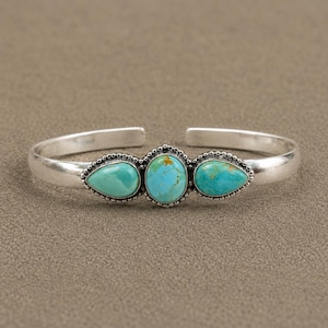 Handmade Kingman Turquoise Three-Stone Cuff Bracelet, Sterling Silver Southwestern Boho Bangle