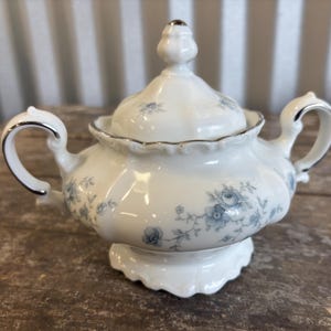 May include: A white porcelain sugar bowl with a lid, featuring a delicate blue floral pattern and silver trim on the handles, rim, and lid finial. The bowl has a scalloped base and two curved handles, showcasing a smooth, glossy finish throughout.