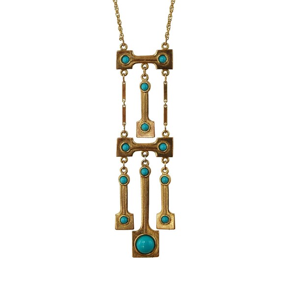 Vintage 70s MODERNIST Pendant Necklace - Gold TURQUOISE Art Deco Statement Jewelry - GEOMETRIC Mid Century Modern Egyptian Kinetic Fringe