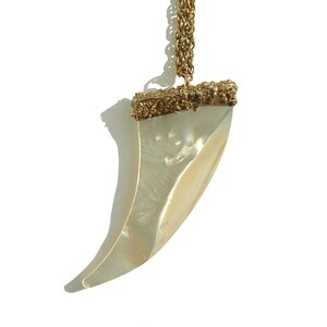 Op de afbeelding: Een gouden ketting met een grote, witte, iriserende, tandshaped hanger.