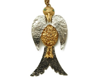 Vintage 70s PHOENIX Pendant Necklace - Massive Gold Silver KINETIC Egyptian Runway Jewelry - Huge Jeanne Animal Eagle BIRD Totem Statement