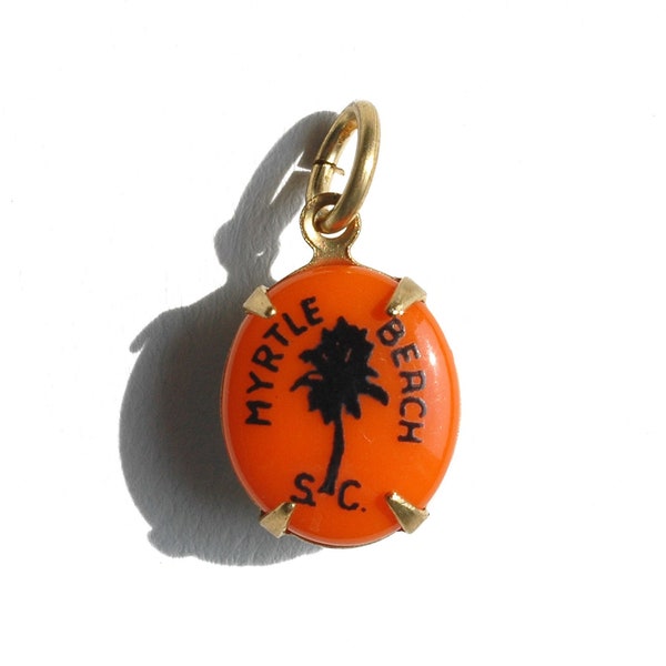 Tiny Myrtle BEACH Charms - Orange Enamel Palm Tree NAUTICAL Pendant Necklace - Small Vintage 60s DEADSTOCK South Carolina Travel Jewelry