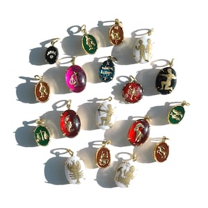Vintage ZODIAC Charm - Celestial Intaglio Glass Pendant - Small Gold ASTROLOGY Jewelry - Tiny Art Nouveau Boho Birthstone Necklace