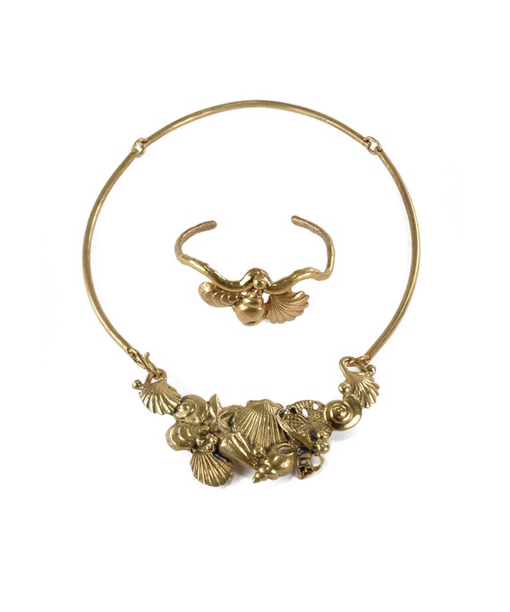 Richard Kaish SEASHELL Collar Necklace and Cuff Bracelet - Vintage Bronze BRUTALIST Art Nouveau - Signed Demi Parure Ocean ARTISAN Jewelry