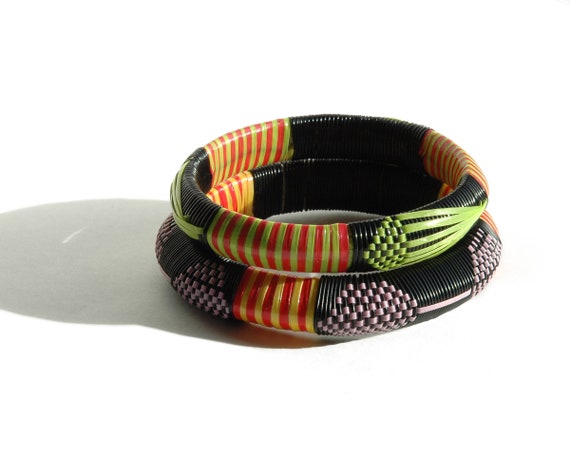 Set of 2 AFRICAN Bangle Bracelets - Vintage 90s T… - image 4