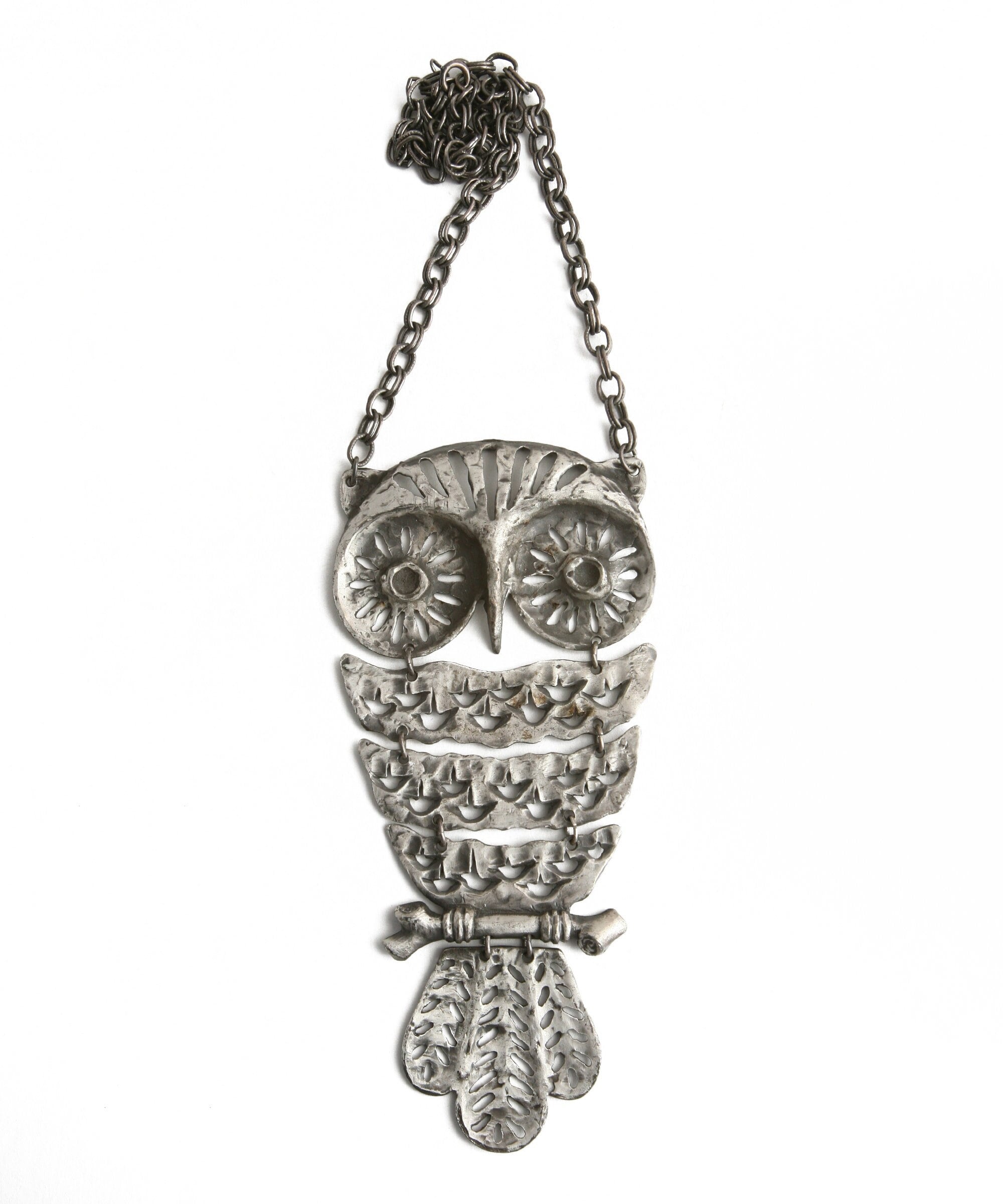 LOUIS GIUSTI Statement Necklace - Hammered Silver OWL Pendant Necklace - Massive Signed Articulated 