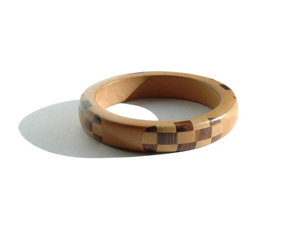 Vintage Inlaid WOODEN Bangle Bracelet - Natural G… - image 1