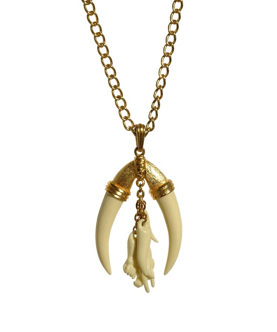 Vintage Double Tusk Figa Hand Pendant Necklace Big Tribal - Tribal Tusk Pendant Necklace