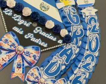 Coquette Bows El Salvador Flag Single Double Ribbon Grad Lei & Grad Cap Topper Bundle Set Custom Graduation Class 2026