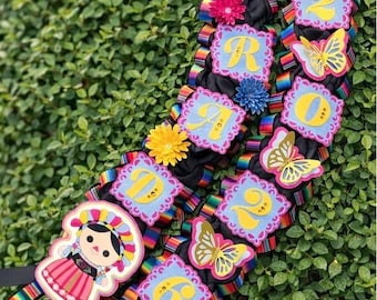 Mexican Sarape Muñeca Michoacana Doll Butterfly Daisy Paper Flowers Single Double Ribbon Grad Lei Custom Graduation Class 2026