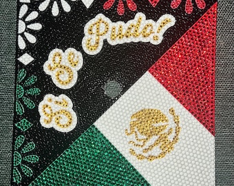 Talavera Mexican Flag “Si Se Pudo” Bedazzled Blinged Rhinestone Grad Cap Topper Custom Blinged Out Graduation Class 2026