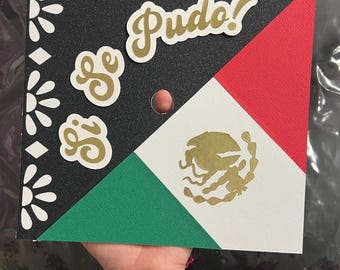 Talavera Mexican Flag “Si Se Pudo” Grad Cap Topper Custom Blinged Out Graduation Class 2026