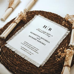 Puede incluir: Una invitaci&oacute;n de boda blanca con borde deshilachado, con las iniciales "HR" y el texto "We invite you to join us to celebrate our marriage Henrietta Mitchell and Richard Sanchez Saturday, August Thirty-First Two Thousand Twenty Three at Half Past Four in the afternoon 123 Anywhere St., Any City Reception to Follow"