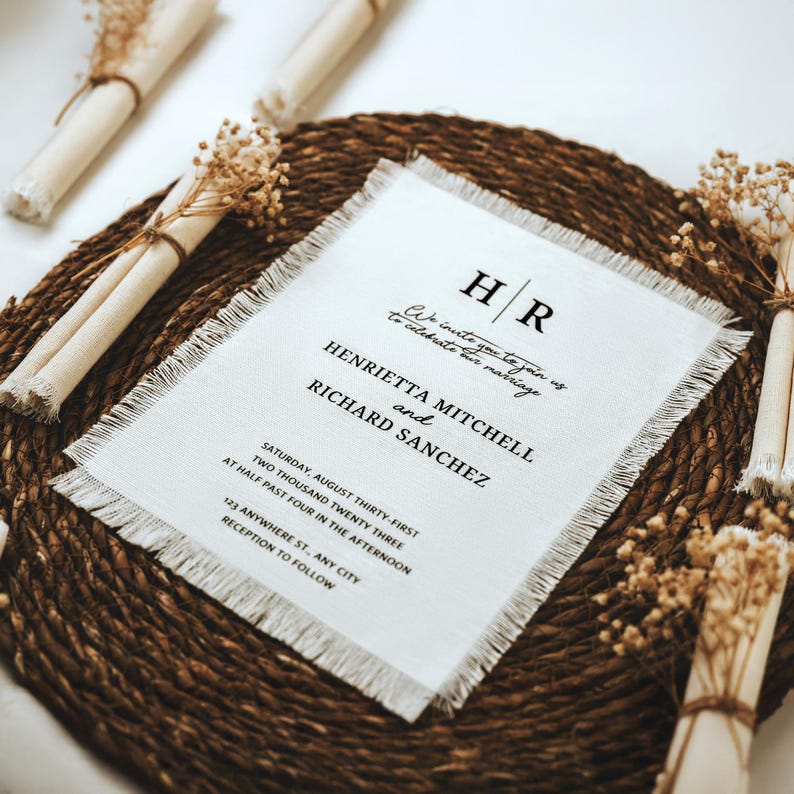 Puede incluir: Una invitaci&oacute;n de boda blanca con borde deshilachado, con las iniciales "HR" y el texto "We invite you to join us to celebrate our marriage Henrietta Mitchell and Richard Sanchez Saturday, August Thirty-First Two Thousand Twenty Three at Half Past Four in the afternoon 123 Anywhere St., Any City Reception to Follow"