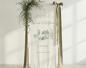 Letrero de bienvenida para boda con motivos botánicos personalizados / Pancarta de tela de eucalipto, soporte dorado