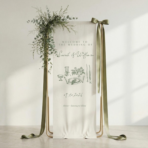 Custom Botanical Wedding Welcome Sign | Eucalyptus Fabric Banner, Gold Stand