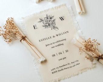 Fabric Invitation Frayed Edge Style, Handcrafted Linen Wedding Invite with Boho Charm, Perfect Custom Wedding Gift
