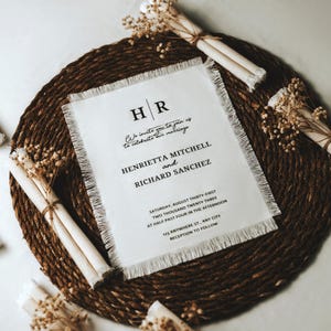 Puede incluir: Una invitaci&oacute;n de boda blanca con un borde deshilachado, que presenta las iniciales "HR" en un cuadro negro, seguido del texto "We invite you to join us to celebrate our marriage Henrietta Mitchell and Richard Sanchez Saturday, August Thirty-First Two Thousand Twenty Three at Half Past Four in the afternoon 123 Anywhere St., Any City Reception to Follow"