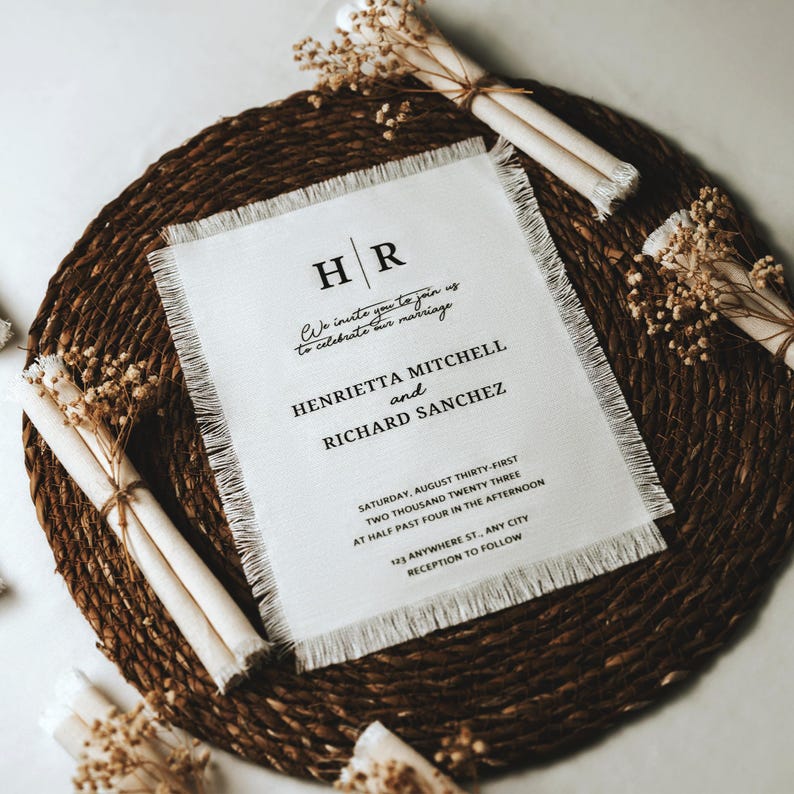 Puede incluir: Una invitaci&oacute;n de boda blanca con un borde deshilachado, que presenta las iniciales "HR" en un cuadro negro, seguido del texto "We invite you to join us to celebrate our marriage Henrietta Mitchell and Richard Sanchez Saturday, August Thirty-First Two Thousand Twenty Three at Half Past Four in the afternoon 123 Anywhere St., Any City Reception to Follow"