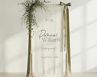 Banner de boda de tela personalizado / Decoración minimalista bohemia en verde salvia eucalipto