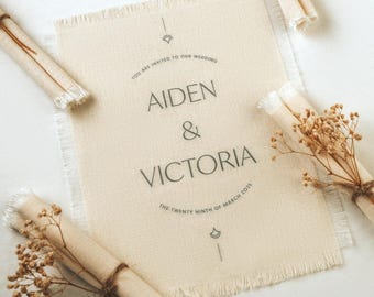 Personalized Linen Wedding Invitation: Rustic Frayed Edge, Boho Fabric