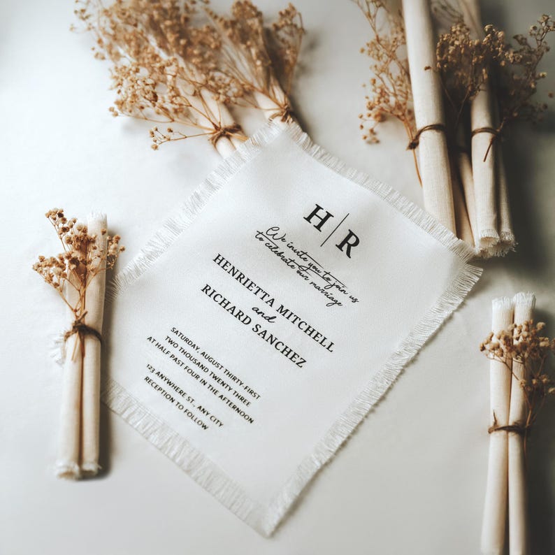 Puede incluir: Una invitaci&oacute;n de boda blanca con un borde deshilachado y texto negro. La invitaci&oacute;n dice "Les invitamos a unirse a nosotros para celebrar nuestro matrimonio" seguido de los nombres "Henrietta Mitchell y Richard Sanchez". La fecha y hora de la boda se indican como "S&aacute;bado, 31 de agosto de 2023 a las 16:30". La ubicaci&oacute;n se indica como "123 Anywhere St, Any City". La invitaci&oacute;n concluye con "Recepci&oacute;n a seguir".