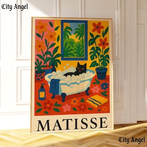 Schwarze Katze in Badewanne | Lustige Badezimmer Dekor | Dopamin Dekor | Badezimmer Wandkunst | Poster Matisse | Rosa tropisches Dekor