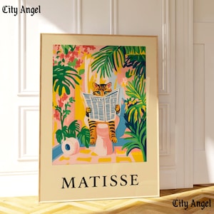 Katze im Bad | Lustige Badezimmer Dekor | Dopamin Dekor | Badezimmer Wandkunst | Poster Matisse | Rosa tropisches Dekor