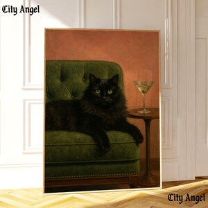 Retro Black Cat Martini Wall Art | Bar Cart Decor | Cocktail Art | Bar Decor Vintage Oil Painting  | Black Cat Print | Cute Cat Art | Poster