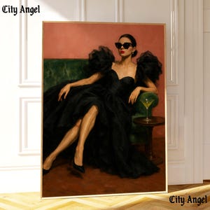 Woman on Couch with Martini | Soft Tonal Oil Painting | Cocktail Art Bar Cart Decor | Aesthetic Oil Painting Gift | Trendy Wall Art Print