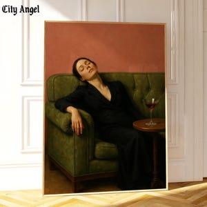 Woman on Couch with Martini | Soft Tonal Oil Painting | Cocktail Art Bar Cart Decor | Aesthetic Oil Painting Gift | Trendy Wall Art Print