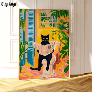 Schwarze Katze im Bad | Lustige Badezimmer Dekor | Dopamin Dekor | Badezimmer Wandkunst | Poster Matisse | Pinke tropische Deko