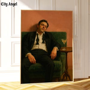 Man on Couch with Martini | Soft Tonal Oil Painting | Cocktail Art Bar Cart Decor | Aesthetic Oil Painting Gift | Trendy Kitchen Wall