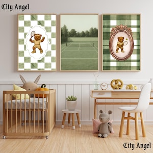 Green Tennis Bear Nursery Poster Set  — Digital Wall Art 3 Prints