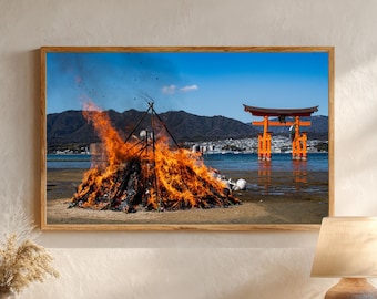 Miyajima Bonfire & Torii Gate | Itsukushima Shrine Japan | Spiritual Travel Photography | Asian Decor | Cultural Wall Art
