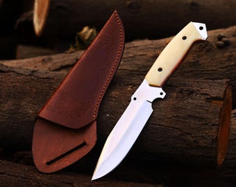 Handmade Bone Handle J2 Steel Tactical knife Hunting Knife Camp Knife with leather sheath Full tang blade