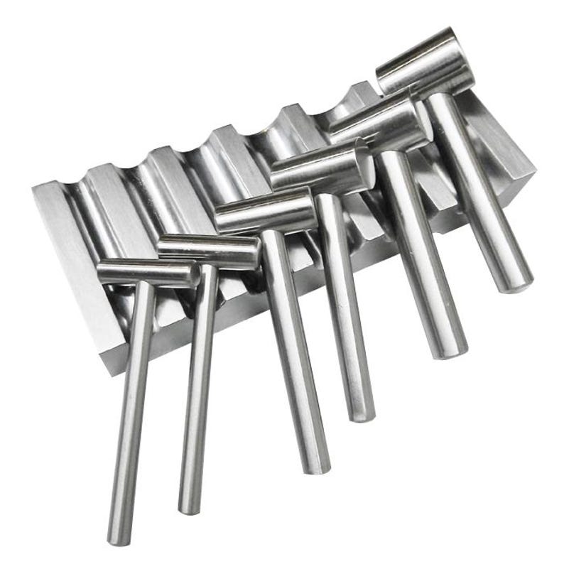May include: A collection of silver-colored metal tools, including several cylindrical rods and a grooved base. The rods are arranged at various angles, suggesting a possible organizational or display function. The overall aesthetic is modern and industrial.