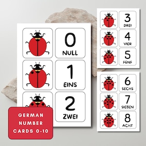 Schede con i numeri in tedesco da 0 a 10 stampabili / Attività di conteggio con la coccinella per la scuola materna / Impara i numeri in tedesco / Schede didattiche di matematica per bambini