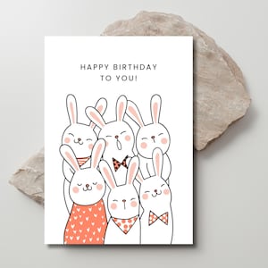 Cartão de aniversário de coelho para imprimir, coelhinhos cantores, cartão de animal fofo, cartão de aniversário divertido para crianças, download instantâneo