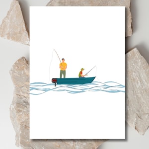 Biglietto di pesca stampabile, barca, buon compleanno, biglietto per lui, regalo personalizzato, digitale, onde, acqua, pesca, blu, regalo, pescatore, cattura