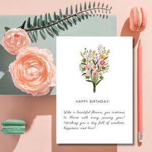 Printable Flower Card, Flower Bouquet, Happy Birthday, Card For Her, Personalised Gift, Digital, Girlfriend, Flowers, Wish, Bloom, Floral