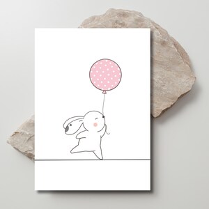 Carte d'anniversaire imprimable pour enfants, lapin mignon tenant un ballon rose, téléchargement numérique