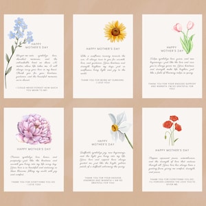 Lot de 12 cartes numériques florales pour la fête des mères, modèles modifiables, imprimables, bonne fête des mères, maman, cadeau personnalisé, cartes pour elle