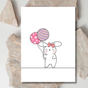 Printable Bunny Birthday Card for Kids, Cute Rabbit with Balloons, Pastel Animal Card, Instant Download, Digital Greeting