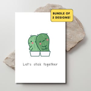 Afdrukbare kaartenbundel, Let's Stick Together Cactus-kaarten, 5 ontwerpen, relatiekaarten, direct downloaden
