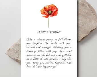 Printable Red Poppy Birthday Card: Floral Bloom Wish (Digital Download)