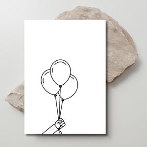 Tarjeta de cumpleaños minimalista imprimible: diseño de globos en blanco y negro, descarga digital para ella, él o niños.