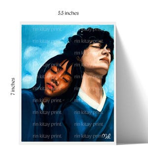May include: A print featuring a couple with their eyes closed, set against a blue sky background. The artwork is 5.5 inches wide and 7 inches tall. The print has the text "rin kitay print" repeated throughout the image.
